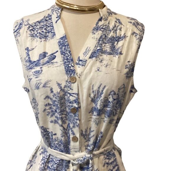 Chloe + Rene Linen blend Cottage Print Dress Blue and White Sleeveless M - Picture 6 of 16